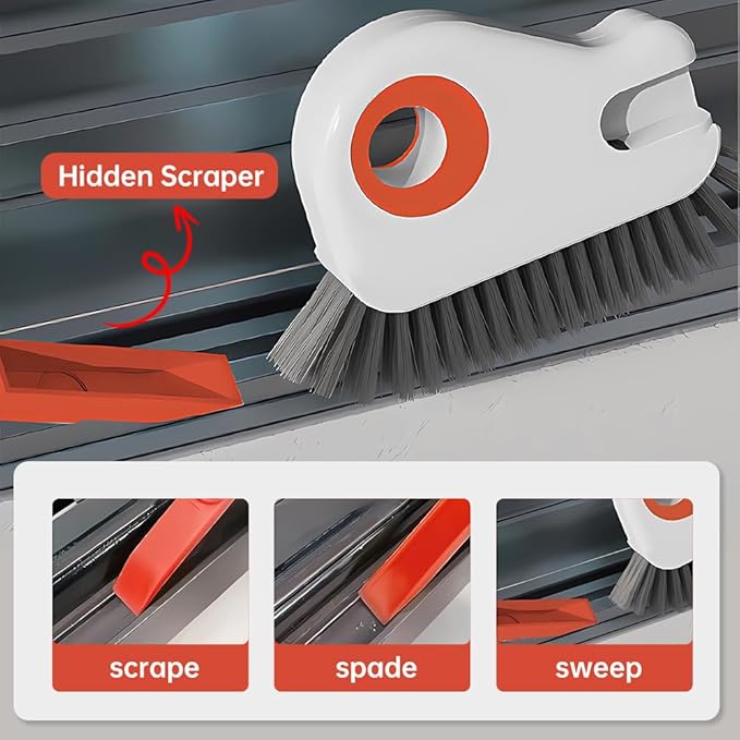 2 in 1 Groove Cleaning Brush, 2025 New Window Track Cleaning Tools, Multifunction Hard Bristle Cleaning Brush with Hidden Scraper for Sliding Door Track, Window Sill, Window Seal (Grey+Orange)