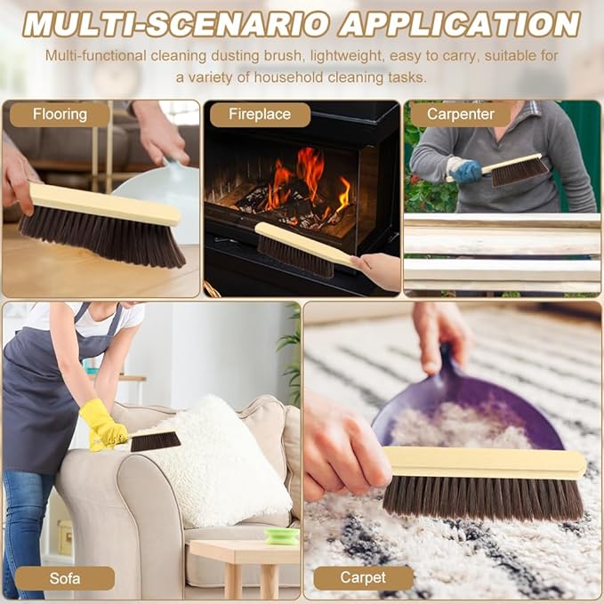 2 Pieces Wooden Hand Broom Brushes, Bench Brush with Long Wood Handle, Soft Bristle Cleaning Dust Brush for Counter, Bench, Car, Furniture, Bed, Woodworking Cleaning(Color:As Shown)