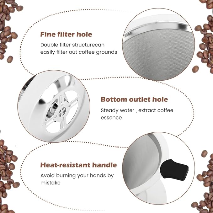 Pour Over Coffee Dripper,Upgraded Double Micro Mesh Filter With Cleaning Brush & 15g Measuring Scoop,Stainless Steel Reusable Coffee Filters Metal Cone-Filter Paperles(3-4cups)