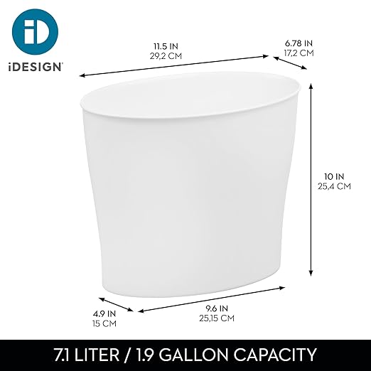 iDesign Small Oval Trash Can - Ideal for Bathroom or Home Office - White - Made in USA
