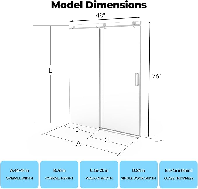 Frameless Shower Door, 44-48" W x 76" H Sliding Glass Shower Door, 5/16" (8mm) SGCC Thick Tempered Clear Glass with Explosion-Proof Film Coating, Stainless Steel Hardware, Brushed Nickel Round Ra