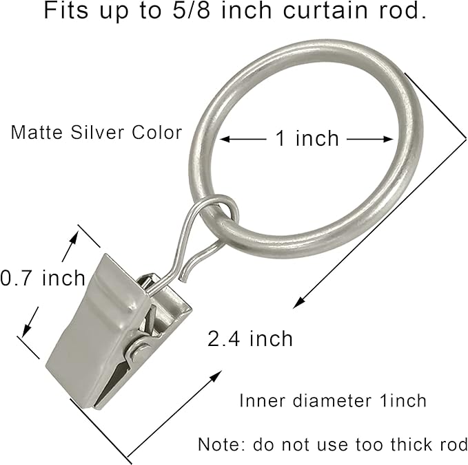 100 Pack Metal Curtain Rings with Clips, Drapery Clips with Rings, Drapes Rings 1 inch Inner Diameter, Fits Diameter 5/8 inch Curtain Rods, Matte Silver