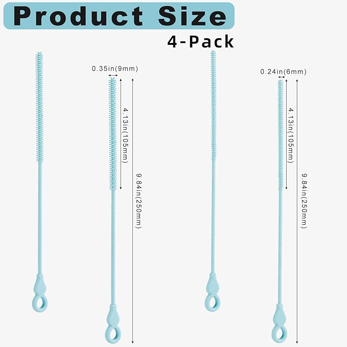 Silicone Straw Cleaner Brush, 4-Piece Reusable Straw Brush Set with Extra-Long Design for Cleaning Thin Metal Straws and Wider Milkshake Straws （6mm+9mm Blue)