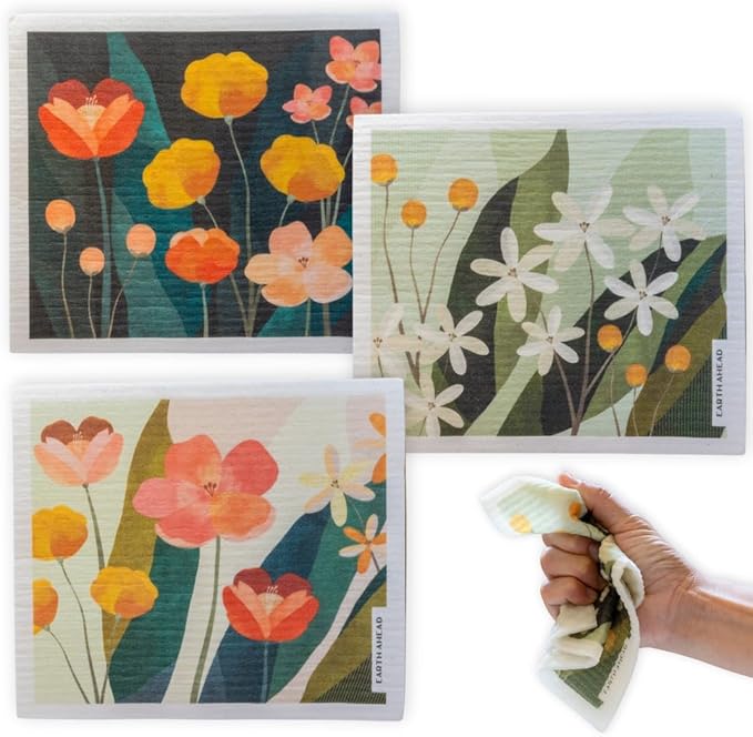 Swedish Dishcloths – Wildflower Garden Floral Designs – Reusable Compostable Cellulose Sponge Cloth – Eco-Friendly Paper Towel Alternative 3 Pack