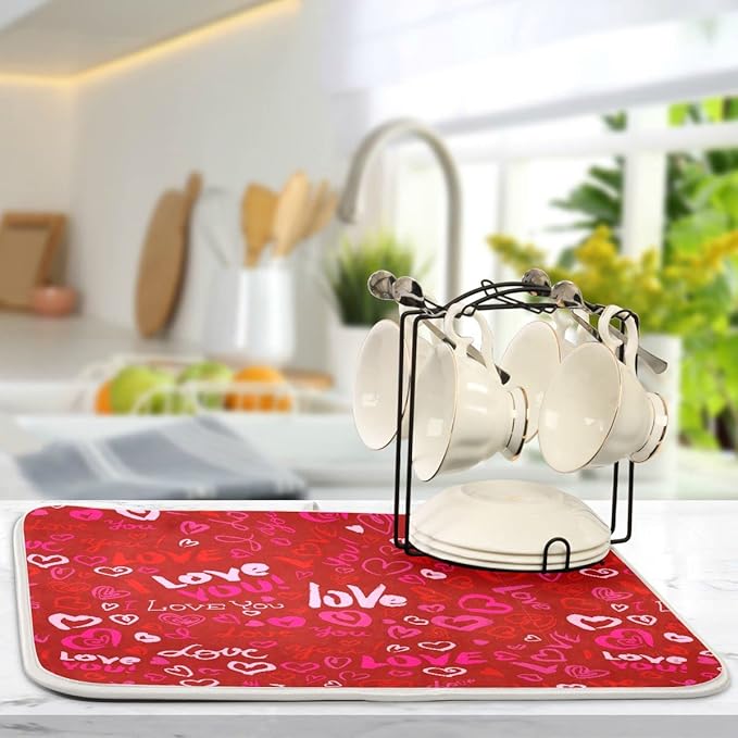 Happy Valentine's Day Dish Drying Mat for Kitchen Red Pink Heart Love Words Microfiber Drying Mats Absorbent Reversible Dish Pad Large Dish Draining Mat 18x24 inch