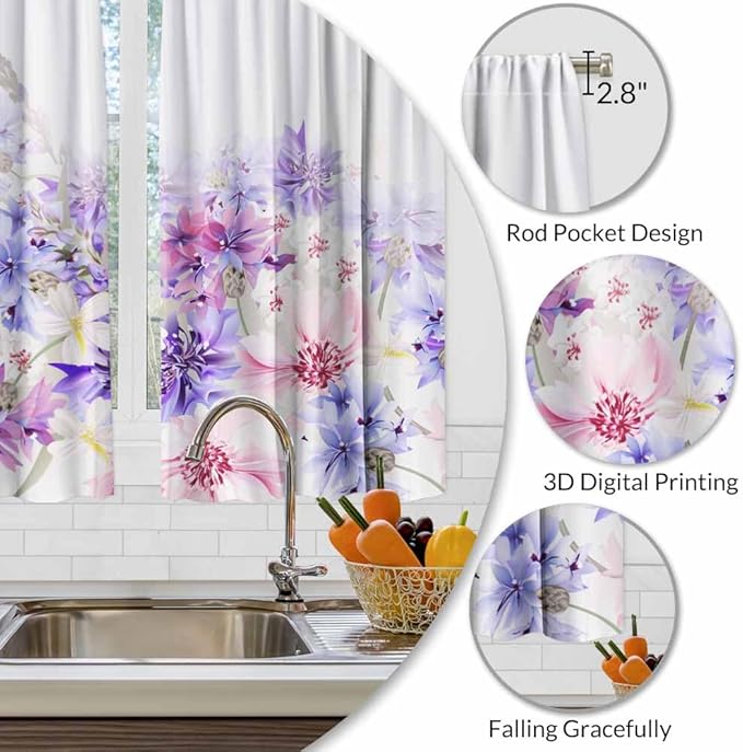 Lavender Kitchen Curtains Pastel Cornflowers Colorful Floral Short Tier Curtains for Bathroom Cafe Small Window Drapes Treatment 2 Panels (27.5x39 Inch)