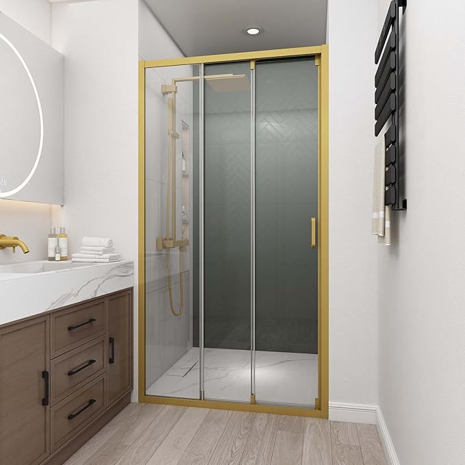 42" W x 78" H 3-Panels Sliding Shower Door, Shower Door Clear 6mm Tempered Glass with Brushed Gold Frame, 3-Panels Sliding Shower Easy to Clean,Three-Panel Synchronized Shower Sliding Door