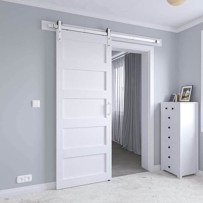 32in x 84in White Sliding Barn Door with 6ft Brushed Nickel Barn Door Hardware Kit & Handle, 5-Panel, Pre-Drilled Holes Easy Assembly, Water-Proof PVC Surface