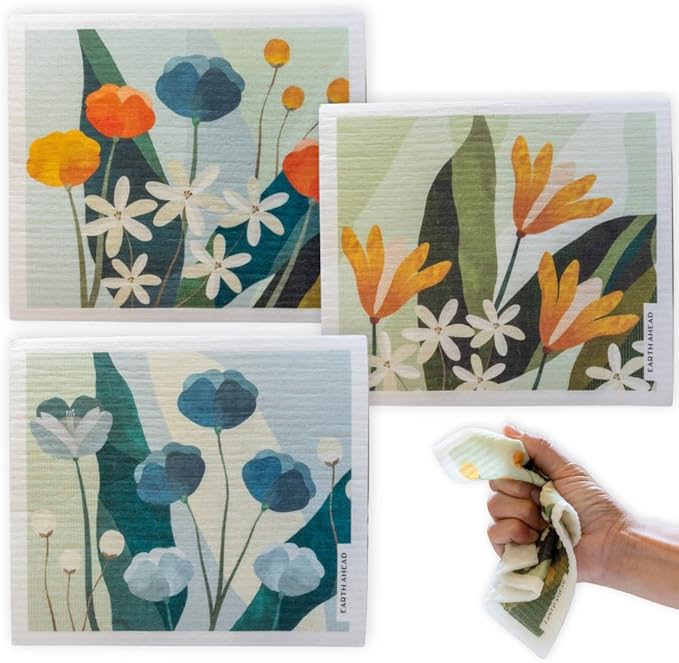 Swedish Dishcloths – Classic Botanical Floral Designs – Reusable Compostable Cellulose Sponge Cloth – Eco-Friendly Paper Towel Alternative 3 Pack