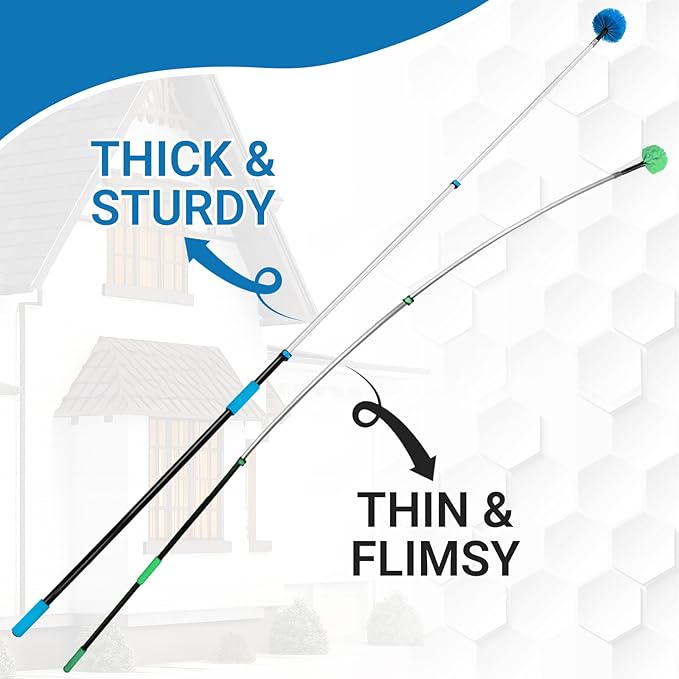 20 Feet High-Reach Cobweb Duster,Spider Web Brush & Ceiling Cleaning Kit with 5-12 feet Extendable Pole Heavy-Duty Duster for High Ceilings, Fan and Corner(Telescopic Iron Rod)