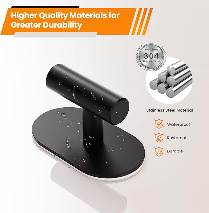 Black Adhesive Hooks Heavy Duty, Wall Hooks for Shower, Bathroom, Towel, Coat, Robe, Stainless Steel Hooks for Hanging, Waterproof & Rustproof Sticky Hooks for Walls No Damage- 2 Pack