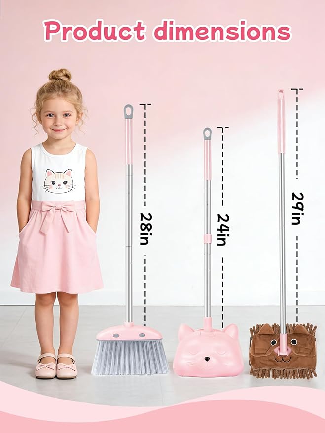 Kids Cleaning Toy 3-Piece Set - Broom, Dustpan & Mop | 28-Inch Mini Broom, Toddler Household Helper, Perfect Tool for Cleaning Tiny Corners, Adorable Cartoon Style (Pink)