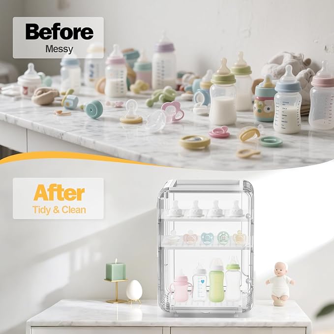 XANGNIER Baby Bottle Organizer,Clear Baby Bottle Storage Organizer for Countertop and Cabinet,with Drying Rack and Hook,Space-Saving,Multifunctional Station Organizers Accessories