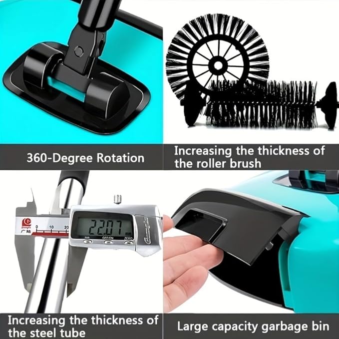 3 in 1 Carpet Sweeper, Manual Mini Hand Push Mop, 360° Rotating Floor Cleaner for Hardwood & Ceramic Tiles, Lazy Dustpan & Trash Bin, Compact Easy Cleaning Tool (Blue)