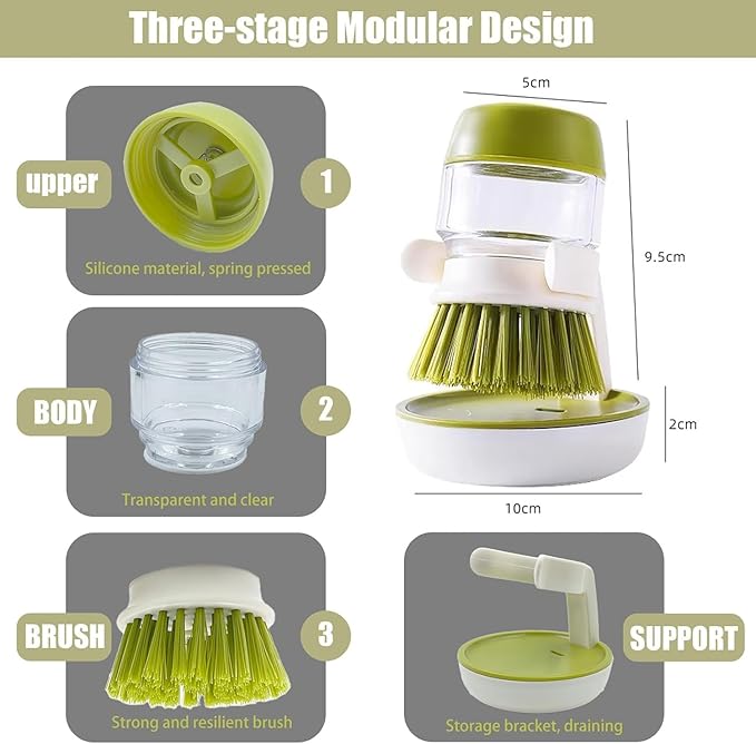 Good Grips Soap Dispensing Palm Brush, Dish Scrub Brush, Kitchen Brushes for Dishes, Kitchen Brush with Holder for Pot Pan Sink Cleaning (Green)