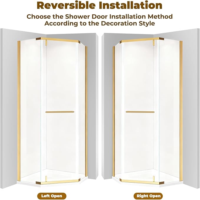 36" D x 36" W x 72" H Neo-Angle Shower Door, Corner Shower Enclosure with Explosion-Proof Film and Nano Coating, Stainless Steel Frame, 1/4” (6MM) SGCC Tempered Glass, Brushed Gold Finish