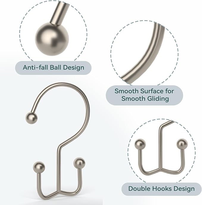 24 Pcs Shower Curtain Hooks, Goowin Shower Curtain Rings, Durable Shower Curtain Rings Rust Proof, Double Glide Shower Rings for Curtain, Simple Shower Hooks for Shower Curtain & Liner, Matte Nickel