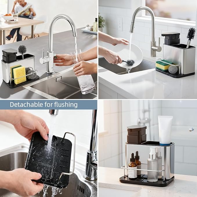 Soap Dispenser for Kitchen Sink, Stainless Steel 3-in-1 Sponge Holder for Kitchen Sink, Dish Soap Dispenser with Sponge Holder Rustproof Dishwashing Brush Holders