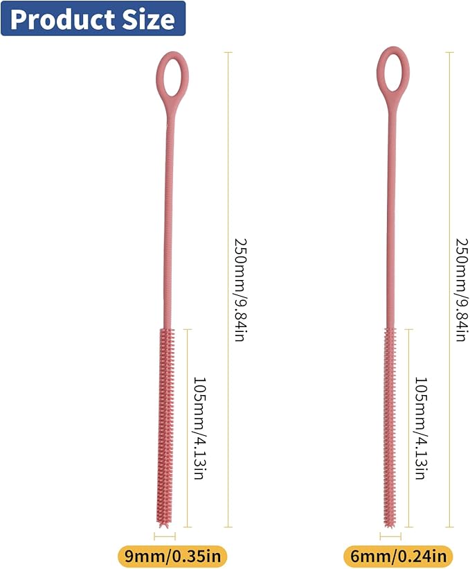 Silicone Straw Cleaner Brush, 2Pcs Reusable Straw Brush Extra Long for Cleaning Tumbler with Handle and Glass Metal Smoothie Straws, Non-slip Handle Soft and Bendable, 6mm+9mm, Pink
