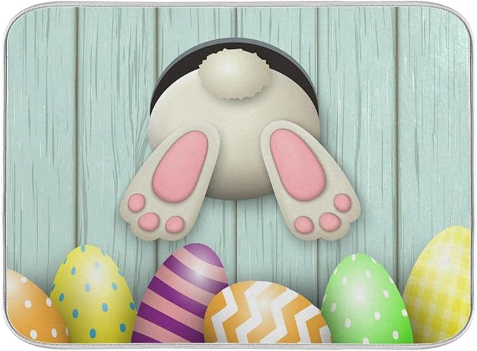 Happy Easter Eggs Bunny Tail Dish Drying Mat 16x18 for Kitchen Easter Day Rabbit Flowers Dishes Pad Dish Drainer Rack Mats Absorbent Fast Dry Kitchen Accessories