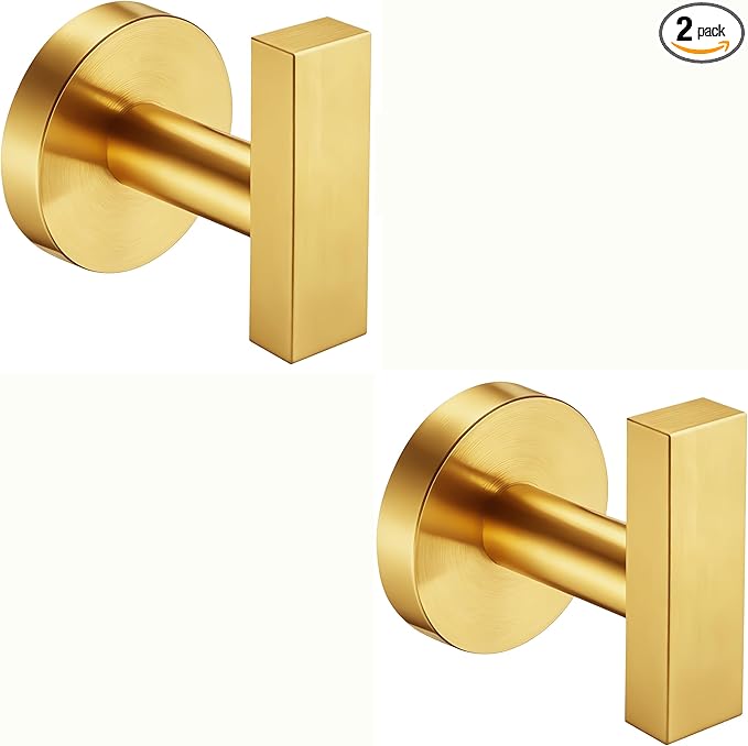 Nolimas Towel Hooks for Bathrooms, Brushed Gold Towel Hook for Kitchen Bathroom, SUS304 Stainless Steel Coat Hook, Heavy Heavy Duty Robe Hooks for Hanging Towels, Coats, sponges, Wall Mount, 2 Pack