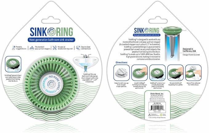 Bathroom Sink Hair Catcher for Pop-Up Drain – SinkRing 1.57" Precision Strainer for Bathroom Sink Drains | Clog-Free Hair Trap for Contacts, Earrings, Jewelry | No Suction or Screws – Sage Green
