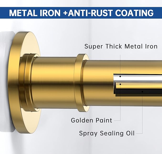 BRIOFOX Industrial Shower Curtain Rod - Rustproof Non-Slip 43-72 Inches Tension Curtain Rod for Window or Bathroom, Sunglow Gold