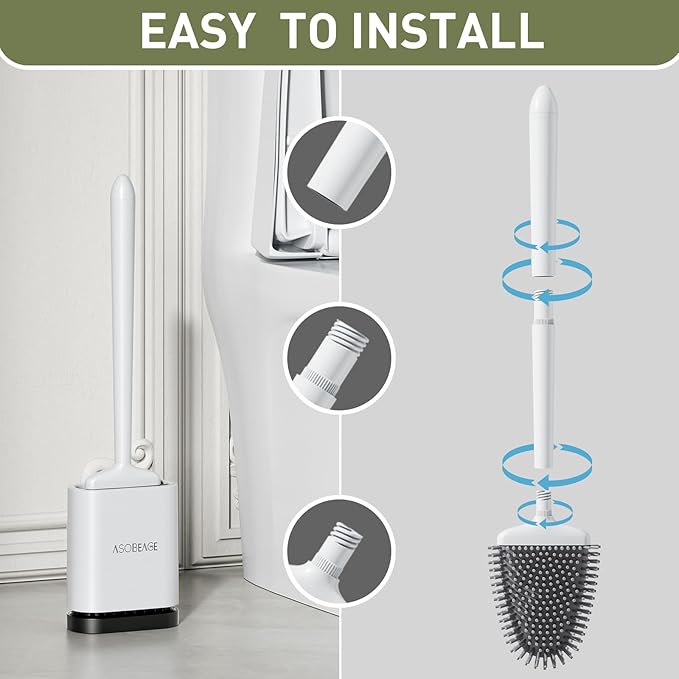 ASOBEAGE Deep Cleaner Toilet Brush: Silicone Toilet Brush with No-Slip Long Plastic Handle and Flexible Bristles, Quick Drying Holder Set for Toilet（White）