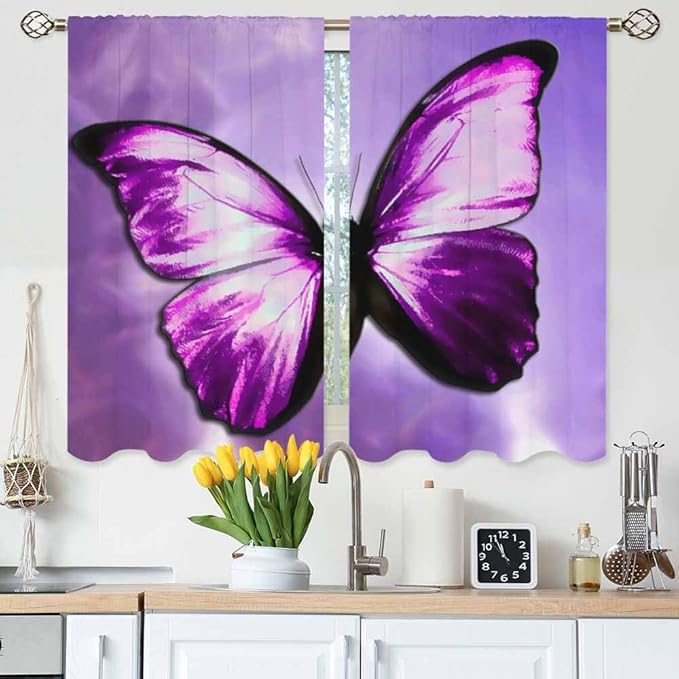 Purple Butterfly Kitchen Curtains Magical Mystical Beautiful Butterfly Short Tier Curtains for Bathroom Cafe Small Window Drapes Treatment 2 Panels (27.5x39 Inch)