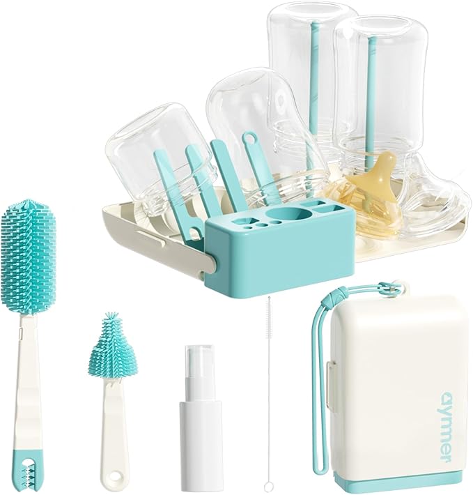 Baby Bottle Brush Cleaner Set - 10 in 1 Travel Bottle Cleaning Brush Kit with Silicone Bottle Brush, Nipple Brush, Soap Dispenser, Portable Drying Rack, Breast Pump & Bottle Cleaning Kit - Lake Green