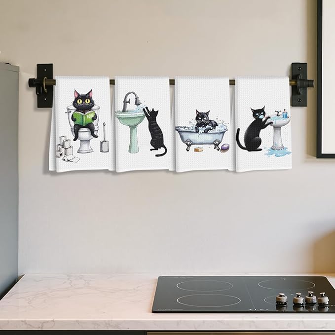 Hanamiya Na 4 Pcs Funny Cat Hand Towel for Bathroom 24x14 Inch, Funny Absorbent Microfiber Dish Cloth Towel, Waffle Weave Hand Towels for Toilet Home Cats Bathroom Decor, Cat Lover Gifts