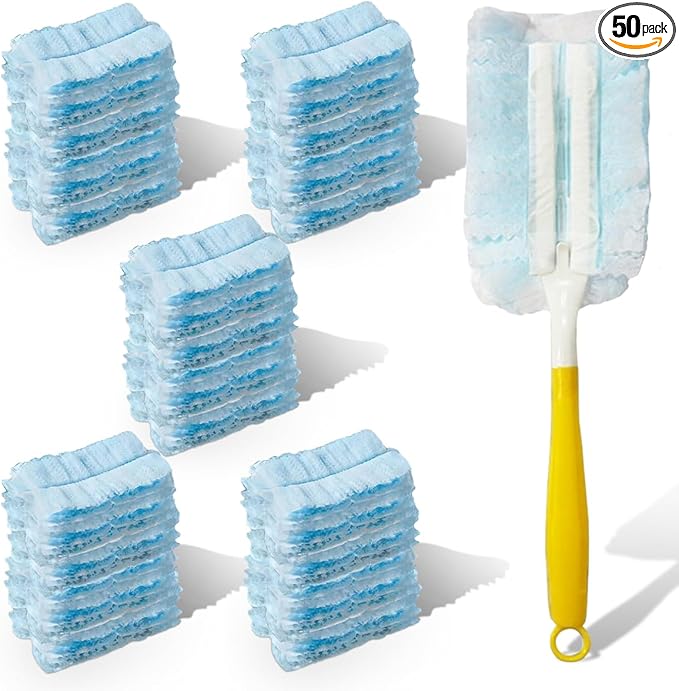 YoRise Duster Refills, Microfiber Cleaning Tools with 1 Handle, Heavy Duty Electrostatic Duster Replacement Head, Disposable Cleaning Supplies for Car, Kitchen, Bedroom, Furniture, Blinds(50PCS)