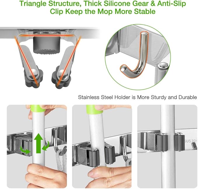Broom Closet Organizer Wall Mounted, Fyrcomft Heavy Duty Stainless Easy Install Broom Mop Holder with 3 Racks 4 Hooks (Grey)