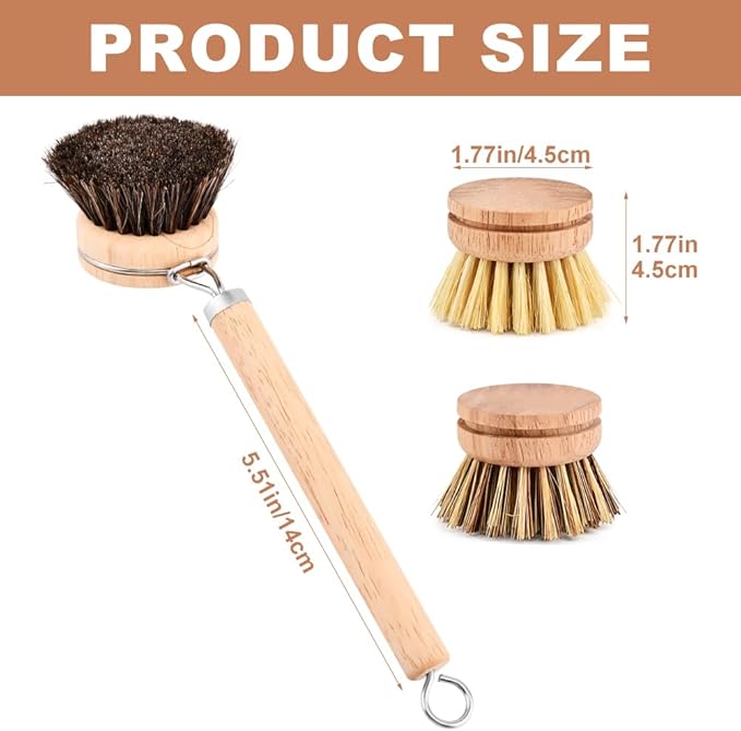 Bamboo Dish Brush Set, 1 Wooden Handle with 3 Natural Bristle Heads All Purpose Kitchen Scrub Brush with Sisal and Palm Horsehair for Cleaning Dishes Pans Vegetables(Color:Wood)