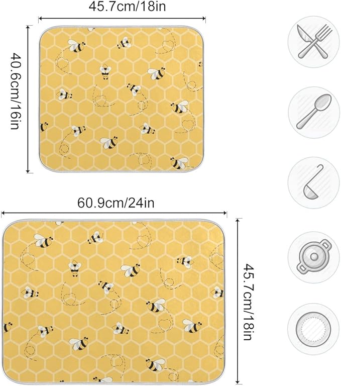 Funny Bees Honey Dish Drying Mat 16x18 for Kitchen Counter Yellow Bumblebee Beehive Dishes Pad Absorbent Fast Dry Dish Draining Mats Medium Kitchen Accessories