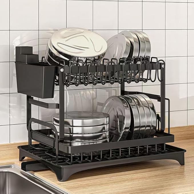 Dish Drying Rack,2-Tier Dish Racks for Kitchen Counterwith Drainboard & Utensil Holder, Large Dish Drying Rack for Bowls/Cups/Bottles(Black)