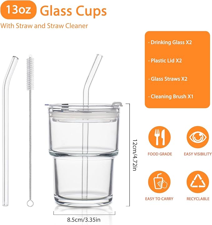 13oz Glass Tumbler with Lid and Glass Straw Set of 2 – Thick-Walled Iced Coffee Cup, Reusable Clear Glass Cups for Water, Iced Tea, Coffee, Juice, Perfect for On-the-Go & Daily Use