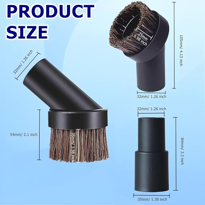 Vacuum Brush Attachment,25/35mm Horse Hair Brush with 1-1/4 to 1-3/8 Inch Hose Adapter for 1.25 Inch Vacuum Cleaner,Vacuum Attachment Soft Bristle Replacement