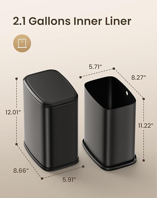 Cesun Small Bathroom Trash Can with Swing-Top Lid,8L/2.1 Gallon Stainless Steel Garbage Can with Removable Inner Bucket, Slim Waste Basket for Home, Office, Toilet, Bedroom, Living-Room (Black)