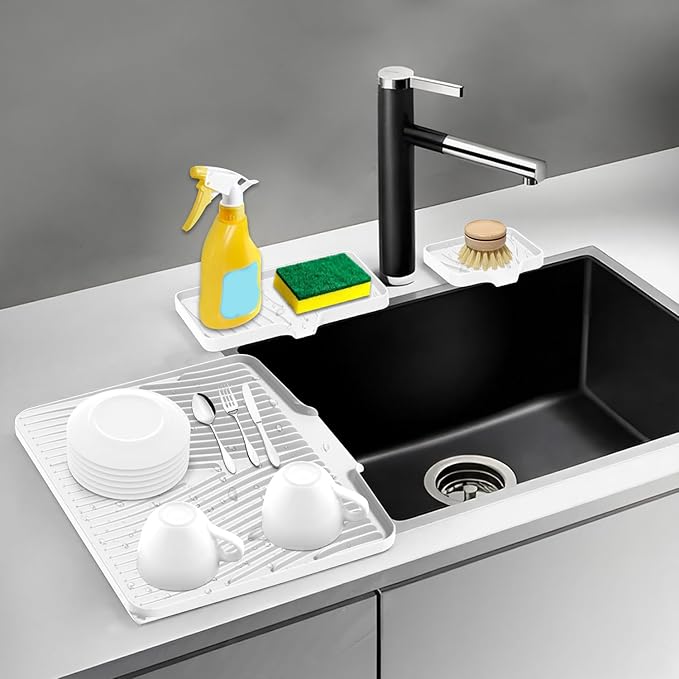 Silicone Dish Drying Mat for Kitchen Counter, Dish Drying Pad, Non-Slip Drain Pad with Built-in Drain, Heat Resistant Stone Drying Mat,Ivory-1Set