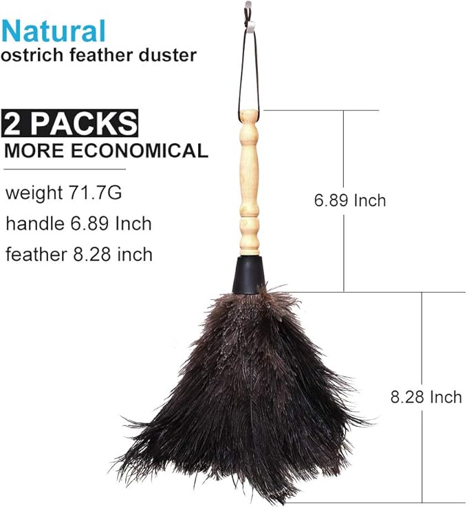 Natural Black Ostrich Feather Duster,2 Packs,Car Duster Interior/Exterior Cleaner, Cleaning for Blinds Kitchen Keyboard Office, Smart and Soft and Fluffy (Black)
