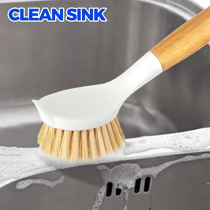 Holikme 3 Pack Dish Brush Set with Bamboo Handle, Kitchen Cleaner for Cleaning Pot, Pan, Sink and Stove, Scrubber with Medium Bristles, Yellow
