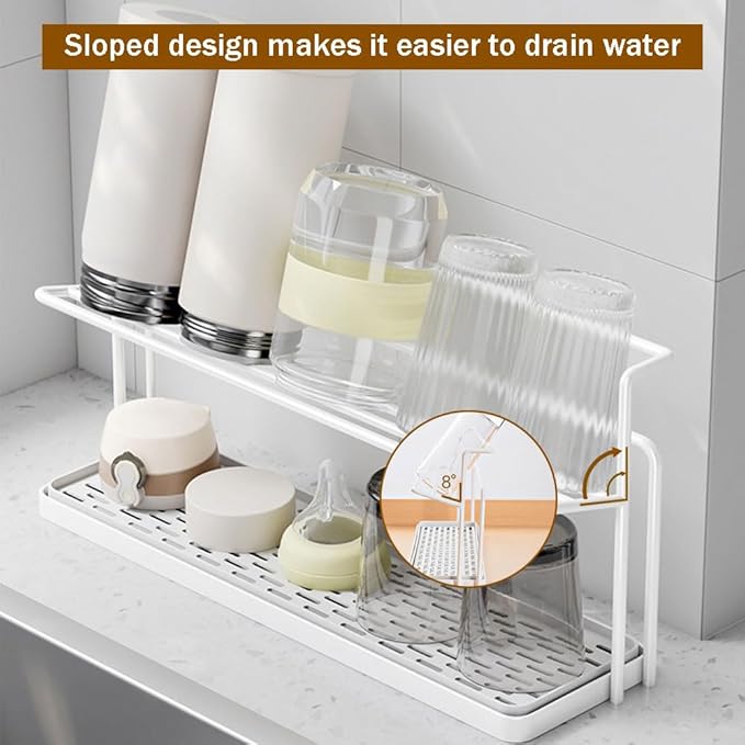 Water Bottle Drying Rack With Drain Tray - 2-Tier Kitchen Cup Storage and Mug Organizer (White)