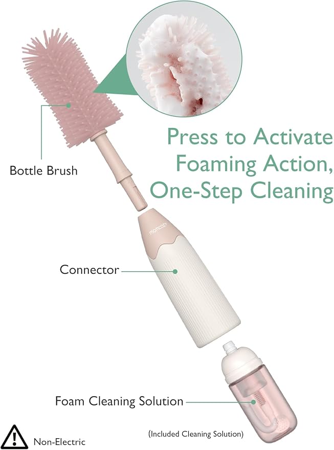 Momcozy Bottle Brush Kit, Innovative Push-Press Design for Better Cleaning - Baby Bottle Cleaner Brush for Baby Bottle, Breast Pumps, Nipples, and More - Can Generate Foam for Better Cleaning, Pink