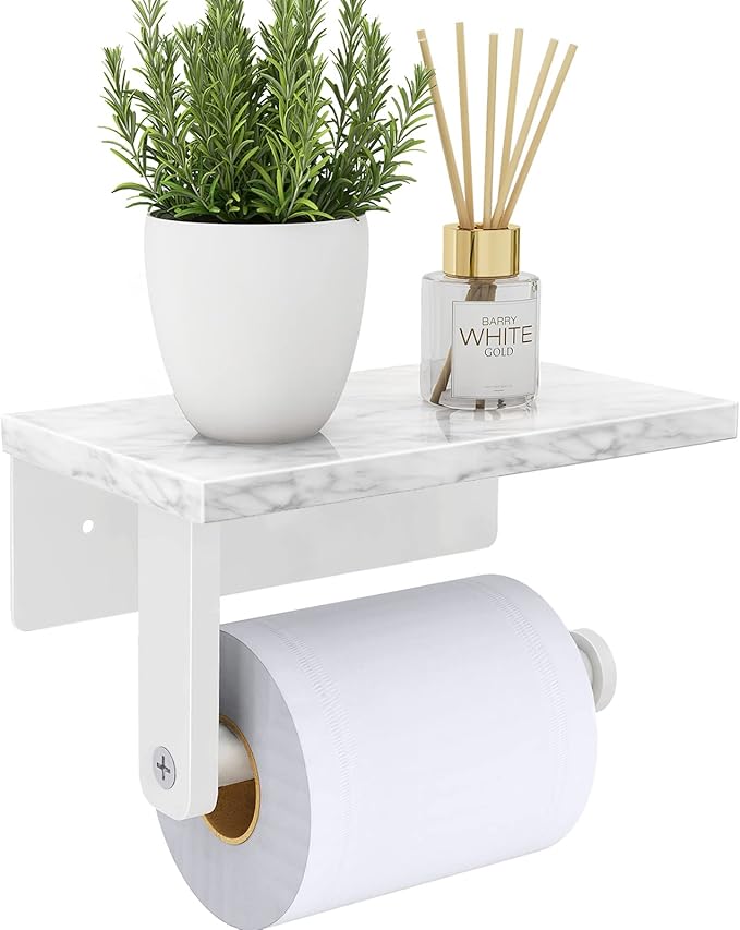Toilet Paper Holder with Natural Marble Shelf, 304 Stainless Steel Screw Wall Mounted, Tissue Roll Paper Holder Dispenser for Bathroom Washroom White