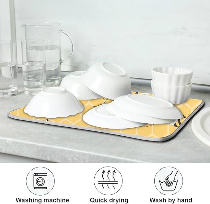 Funny Bees Honey Dish Drying Mat 16x18 for Kitchen Counter Yellow Bumblebee Beehive Dishes Pad Absorbent Fast Dry Dish Draining Mats Medium Kitchen Accessories