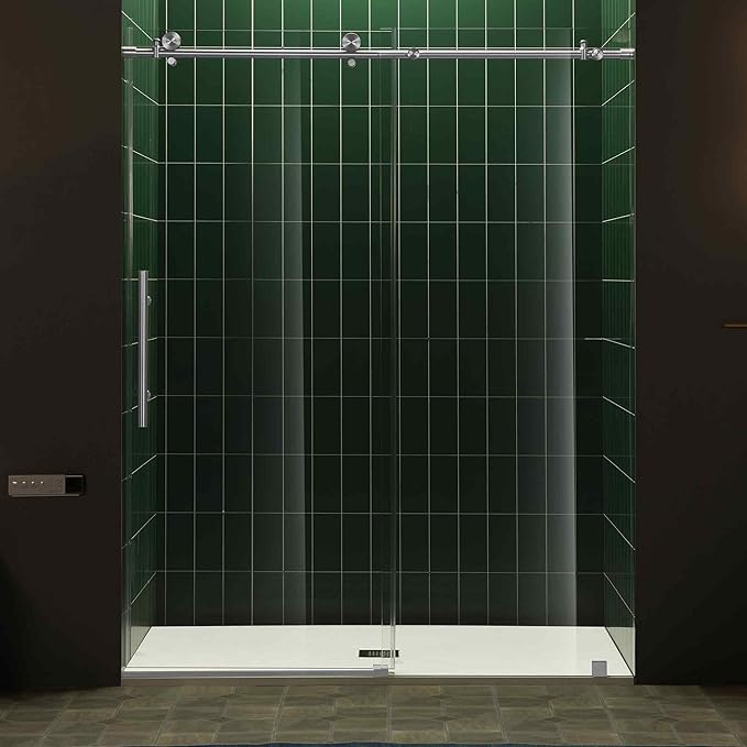 Woodbridge 56-60" W x 80" H Frameless Single Sliding Shower Door with Tempered Glass & Explosion Proof Film in Brushed Nickel Finish