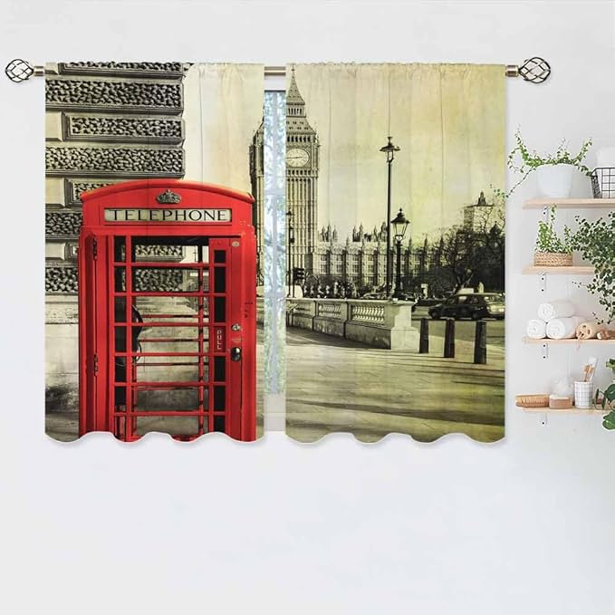 London Kitchen Curtains City Red Telephone Booth Big Ben Retro Romantic Building Short Tier Curtains for Bathroom Cafe Small Window Drapes Treatment 2 Panels (27.5x39 Inch)
