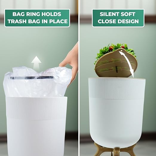 Small Bathroom Trash Can with Plant Style Lid, 1.8 Gallon, White, Small Bathroom Garbage Can, Decorative Wastebasket for Bedroom, Office, and Bathrooms, Trash Bin That Looks Like a Plant
