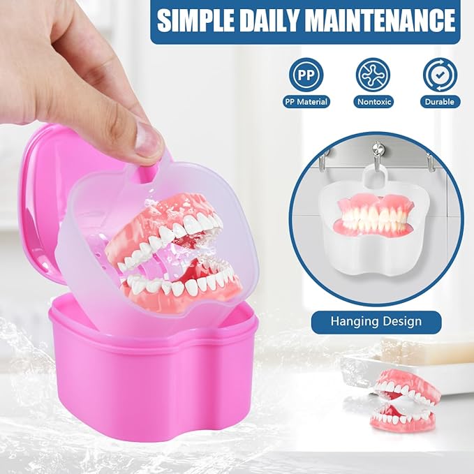 Pink Denture Bath Case Cup Box Holder Storage Container with Denture Cleaner Brush Strainer Basket for Travel Cleaning